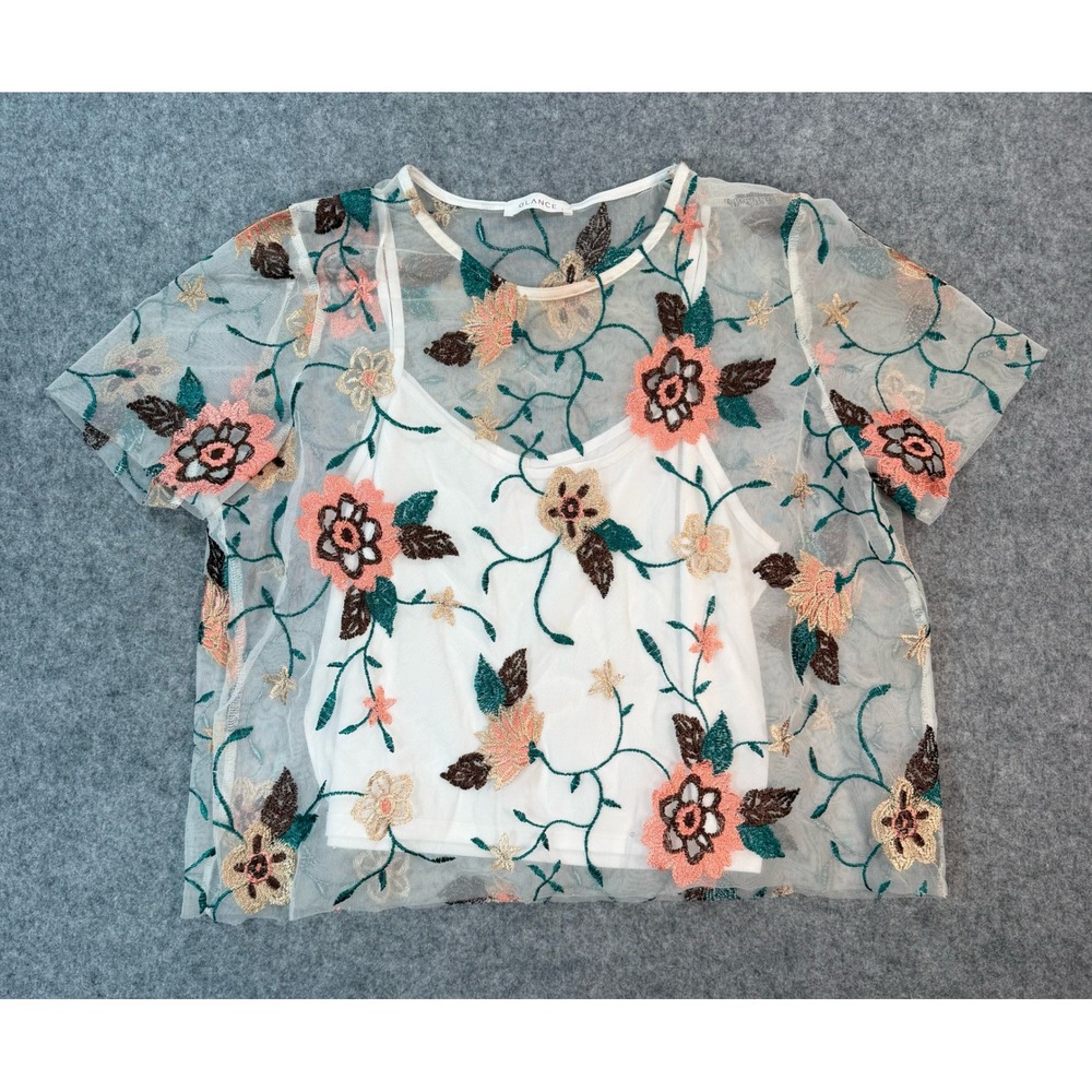 Glance Floral Embroidered Sheer Mesh Top with Camisole Liner Boho White Large
